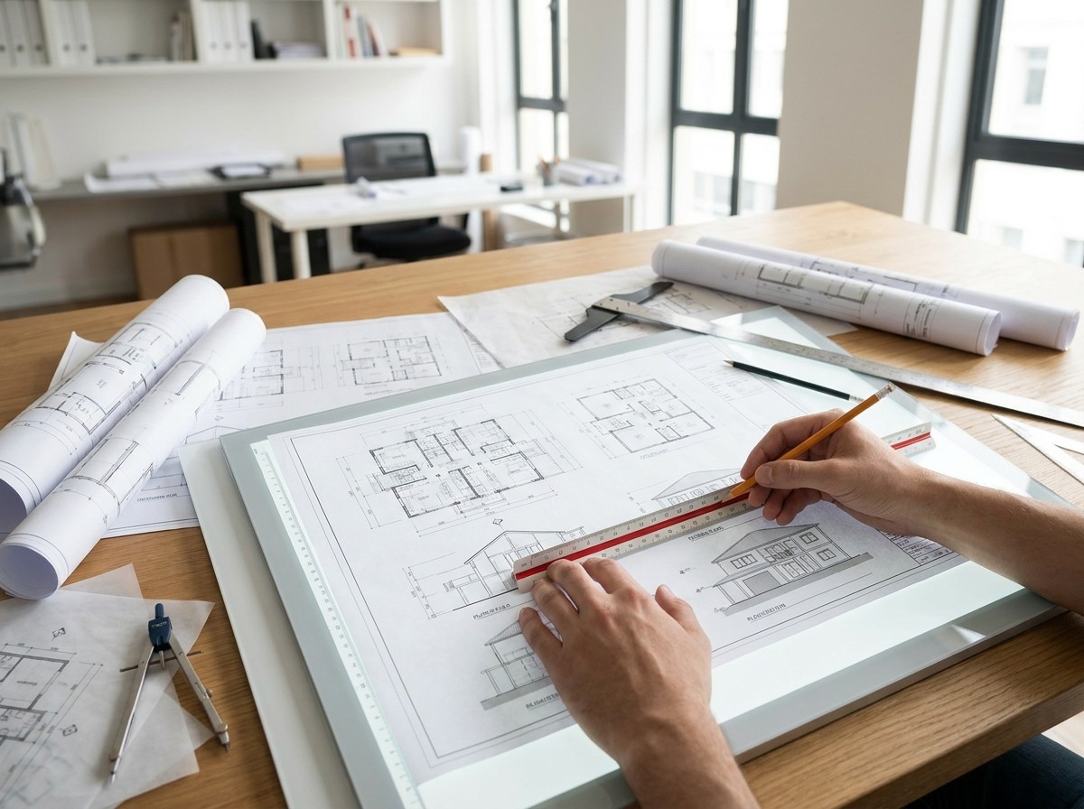 Architect reviewing residential blueprints for a Mérida, Mexico project