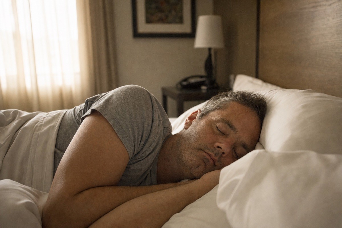 A man sleeping soundly in a plain mid-priced hotel room, soft morning light through the curtains