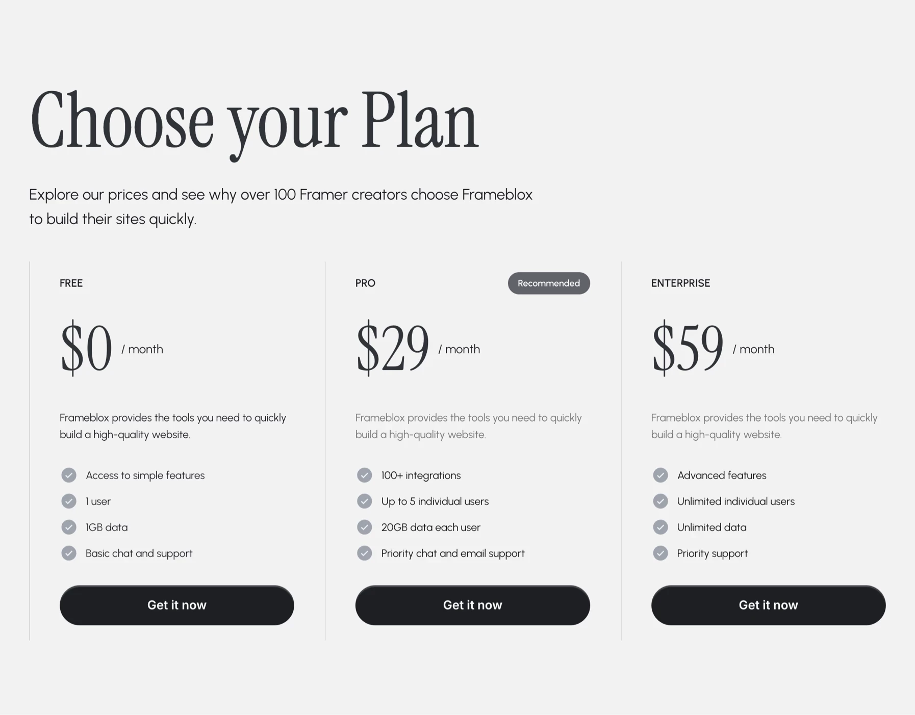 Pricing plans component section for Framer built with Frameblox UI kit