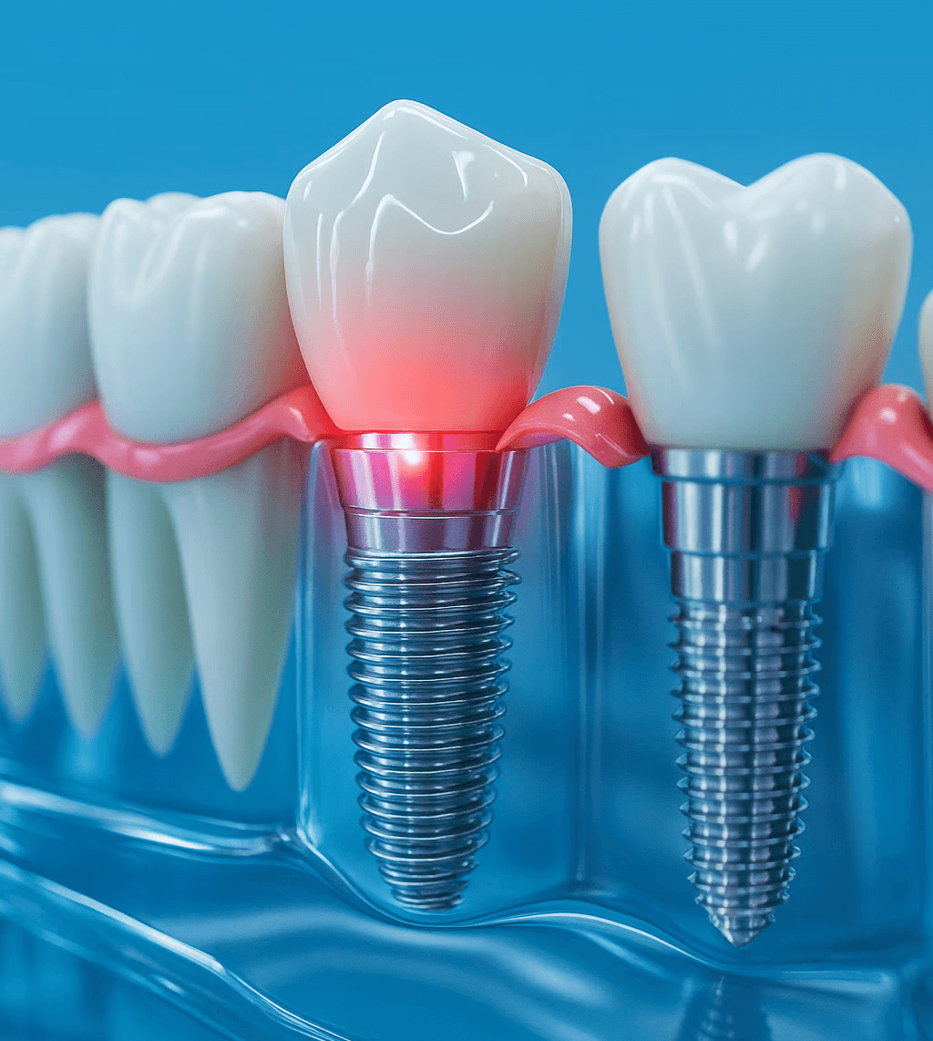 3D renderelt kép, fogak sorakoznak és közöttük egy fogászati implantátum látható a sorban.