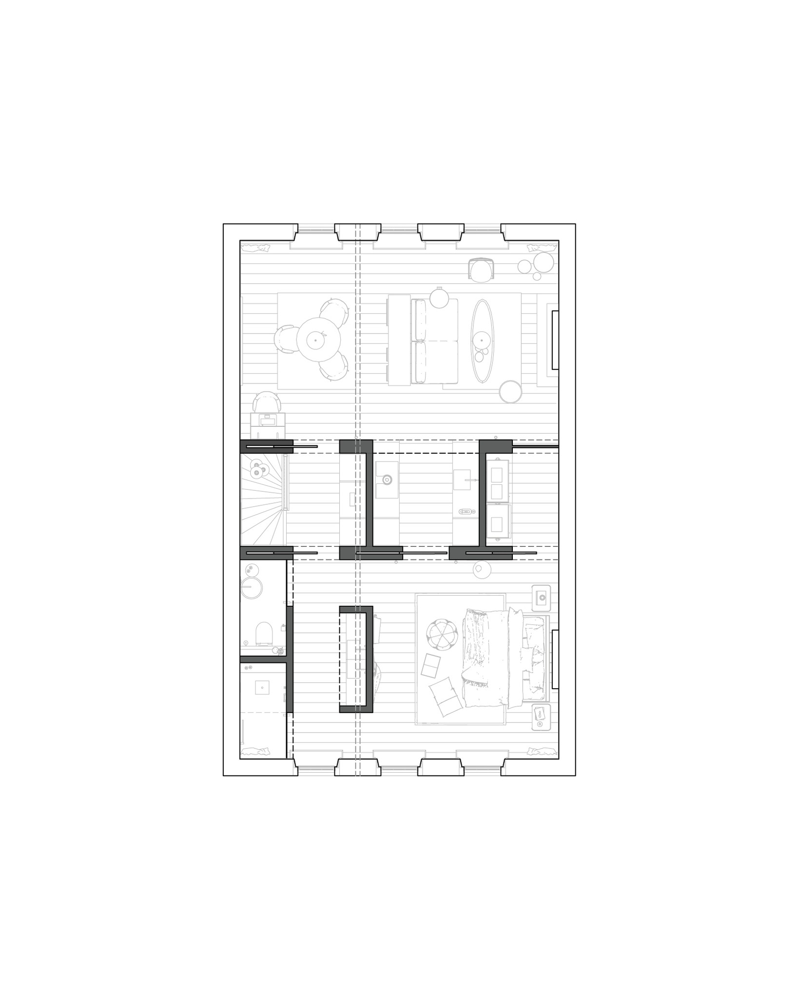 Plattegrondtekening van een appartement met centrale gang en omliggende ruimtes.