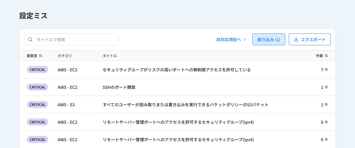 設定ミスの検出画面