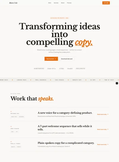 Copywriter website prompt — warm off-white and orange editorial copywriter portfolio design preview