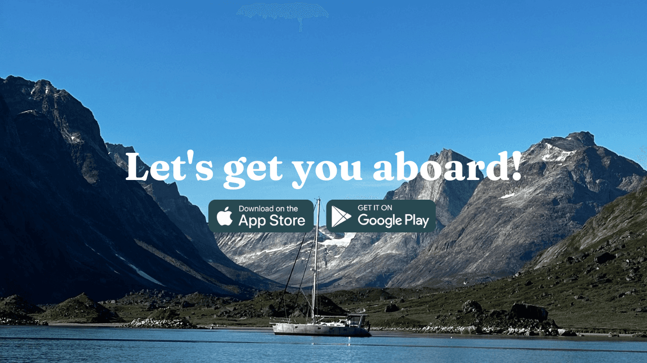 Sailboat anchored in a Greenland fjord with SeaPeople download buttons