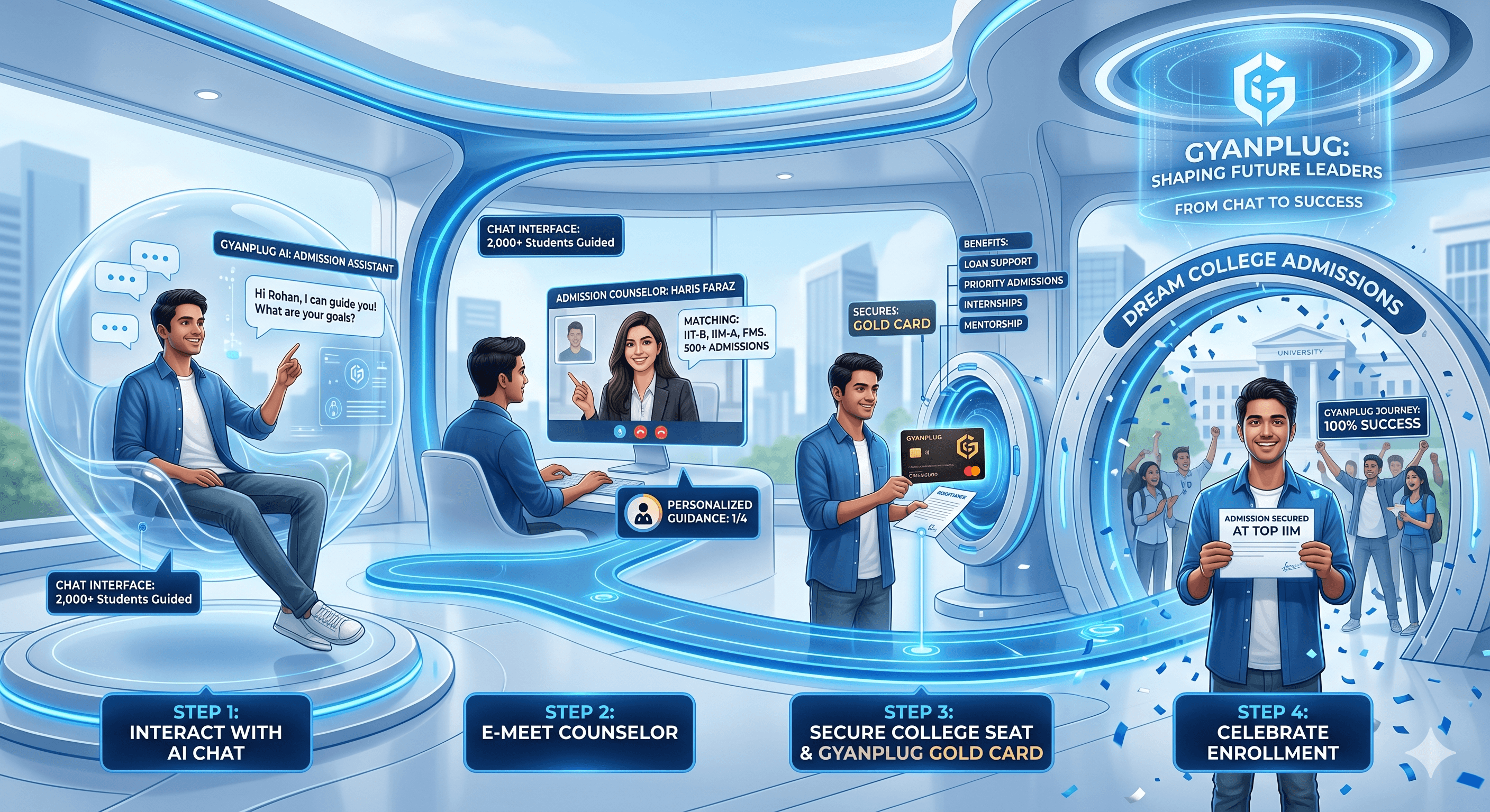 Gyanplug's AI Chat and Admission Support Platform guiding a student from initial inquiry to successful enrollment at their dream college.