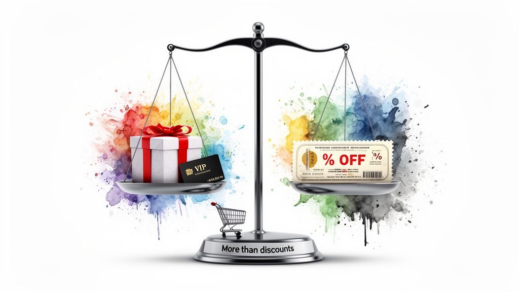 Balance scale showing a gift and VIP card outweighing a discount coupon, emphasizing rewards over discounts.