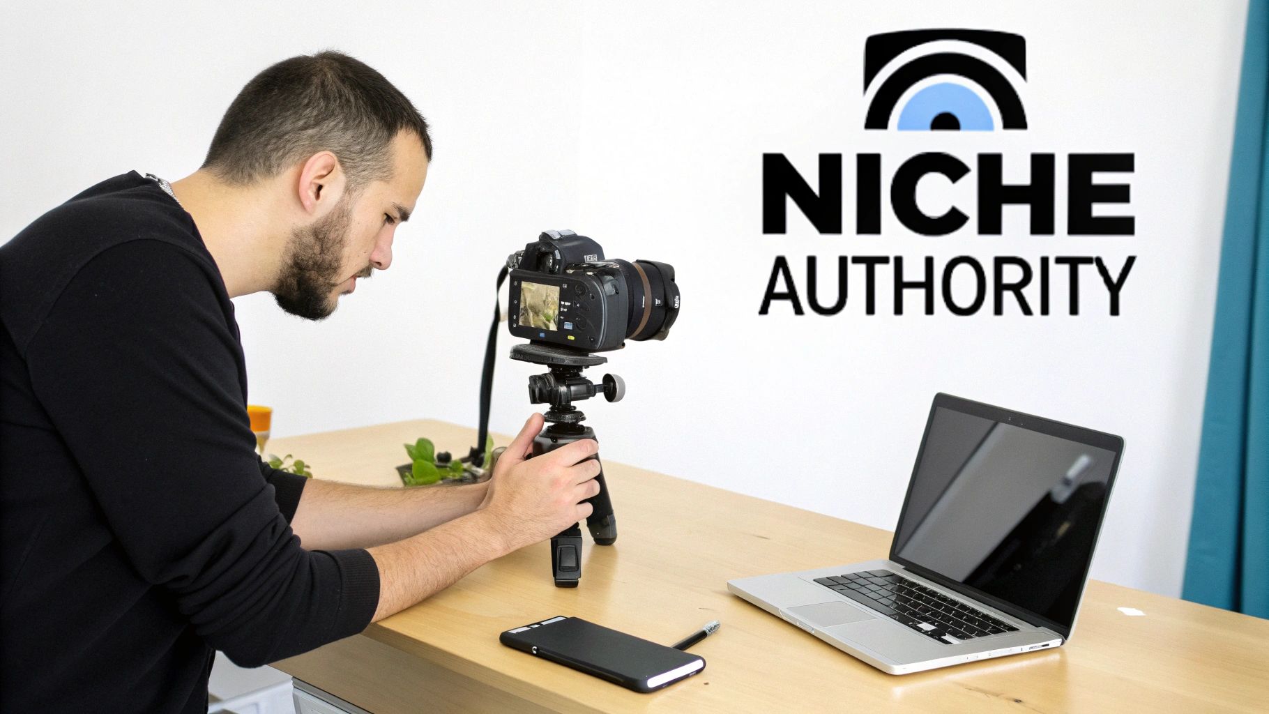 A man adjusts a camera on a tripod, setting up to film content on a desk with a laptop.