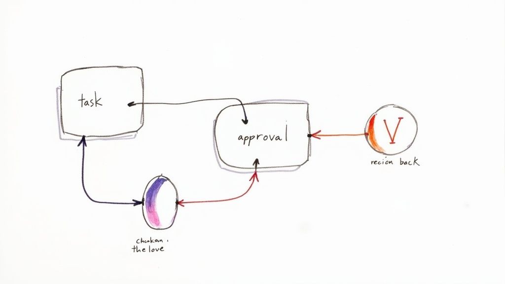A person using a stylus on a tablet to approve a stage in a digital workflow chart, with green checkmarks appearing on the screen.