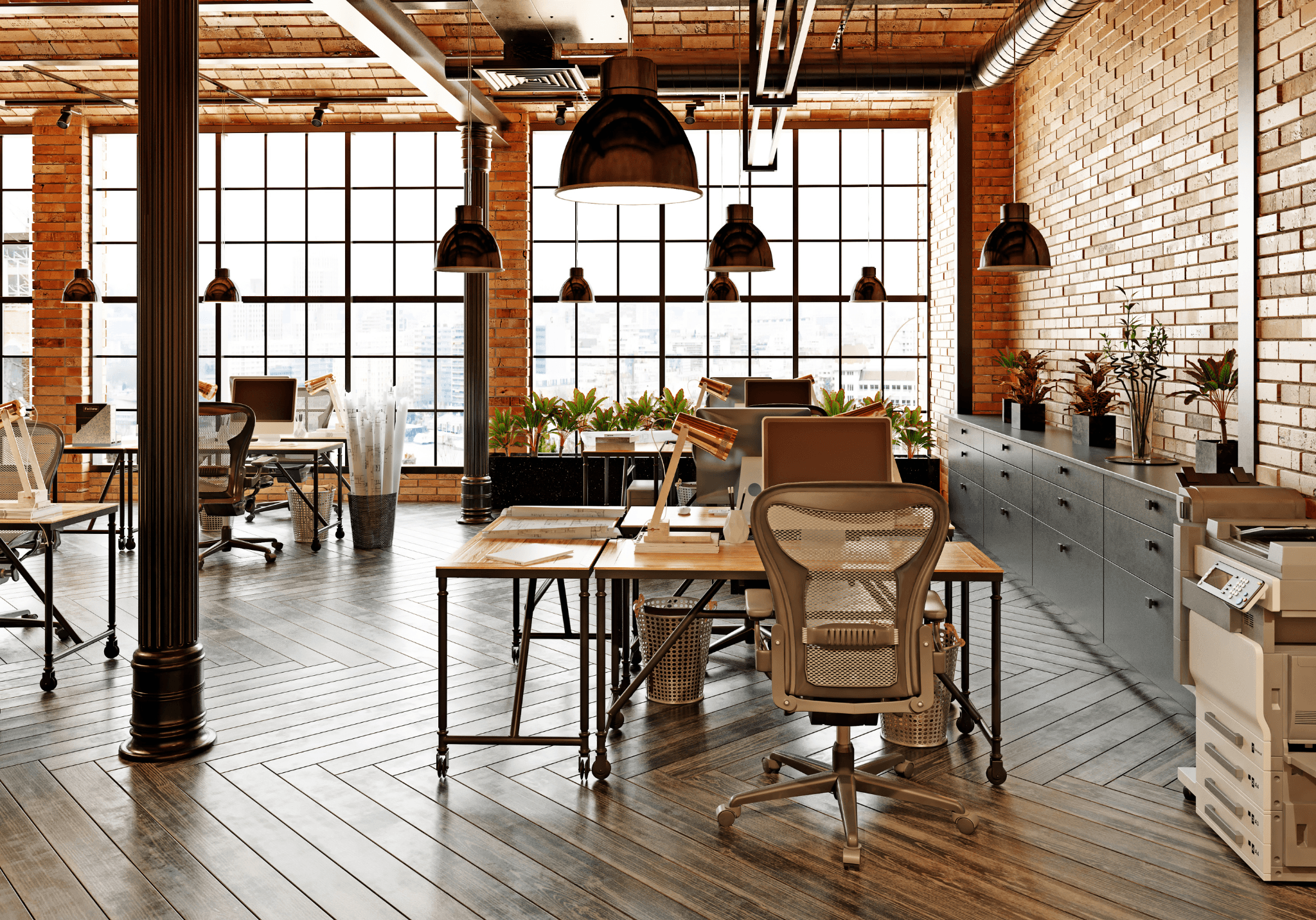 Trendy office refurbishment with exposed brick walls, large warehouse windows, and modern pendant lighting.