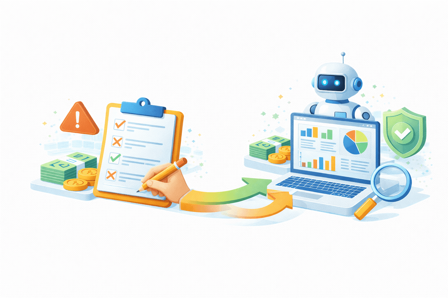 Ilustrasi AI‑assisted validation, risk review, dan secure analytics workflow. Di sisi kiri terdapat clipboard checklist dengan tanda centang dan silang, ikon peringatan, serta uang/koin yang melambangkan item temuan dan dampak finansial. Di tengah, panah alur hijau–oranye menunjukkan proses perbaikan dan validasi berkelanjutan. Di sisi kanan, laptop menampilkan dashboard analitik (grafik batang dan pie) yang diawasi robot/AI assistant, dilengkapi kaca pembesar (audit/inspeksi) dan perisai hijau bertanda centang (keamanan & kepatuhan). Visual menggambarkan transisi dari temuan risiko ke analitik terverifikasi yang aman dan compliant.