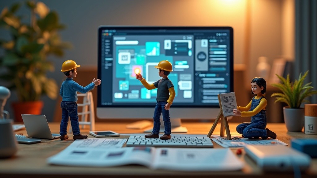 A miniature team building a website inside a tiny Framer-style studio with screens, layout cards, and motion tools.
