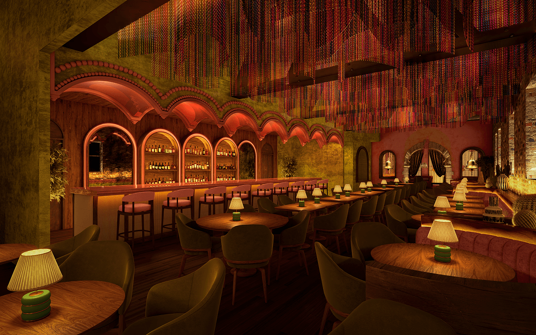 Interior rendering of Uno Mas Taqueria + Cantina showing upscale dining with warm orange and red lighting, arched bar with backlit shelving, table settings with ambient lamp lighting, and ornate architectural details