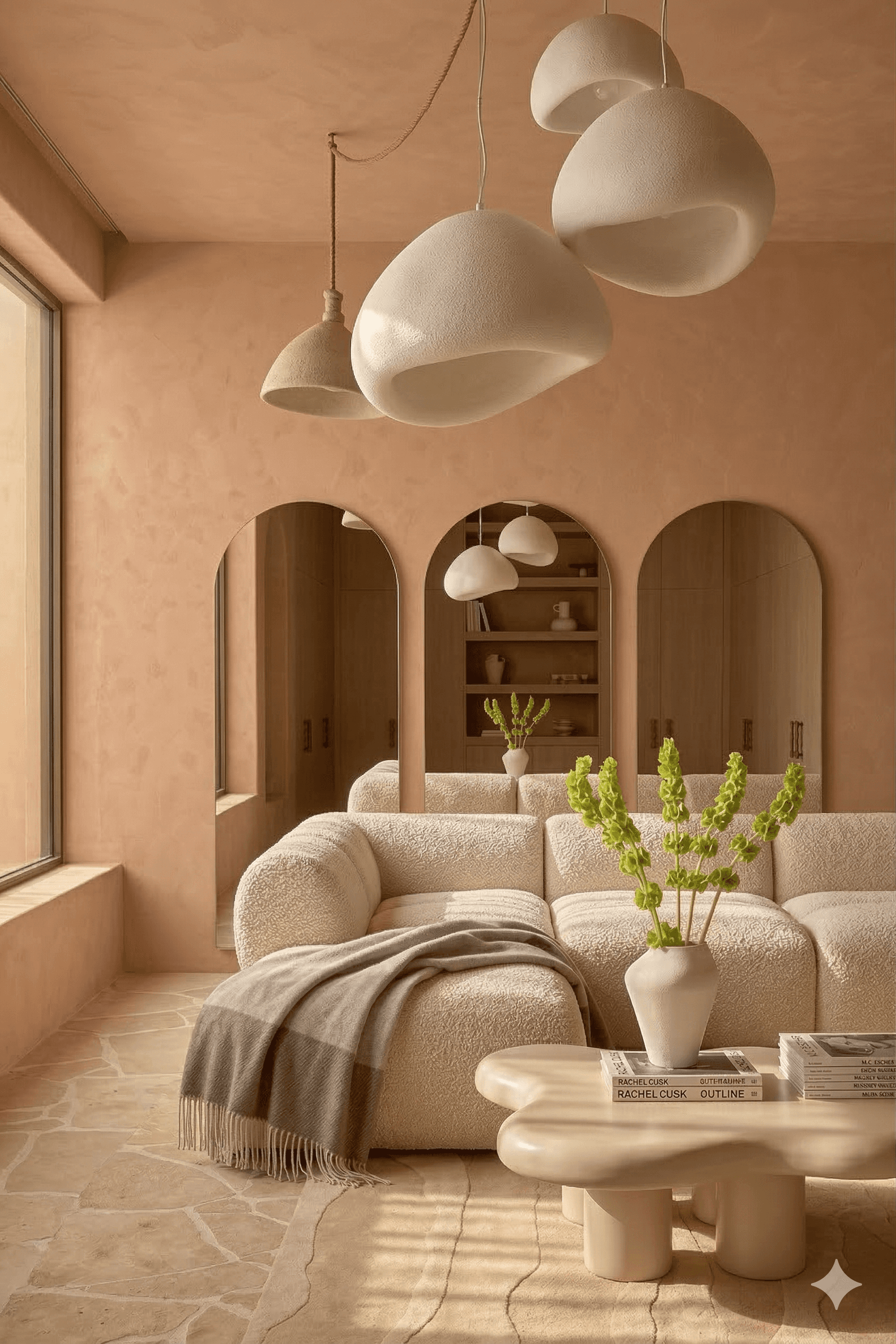 Minimalist entryway with curved walls, pampas grass, and a neutral bench under soft natural light.