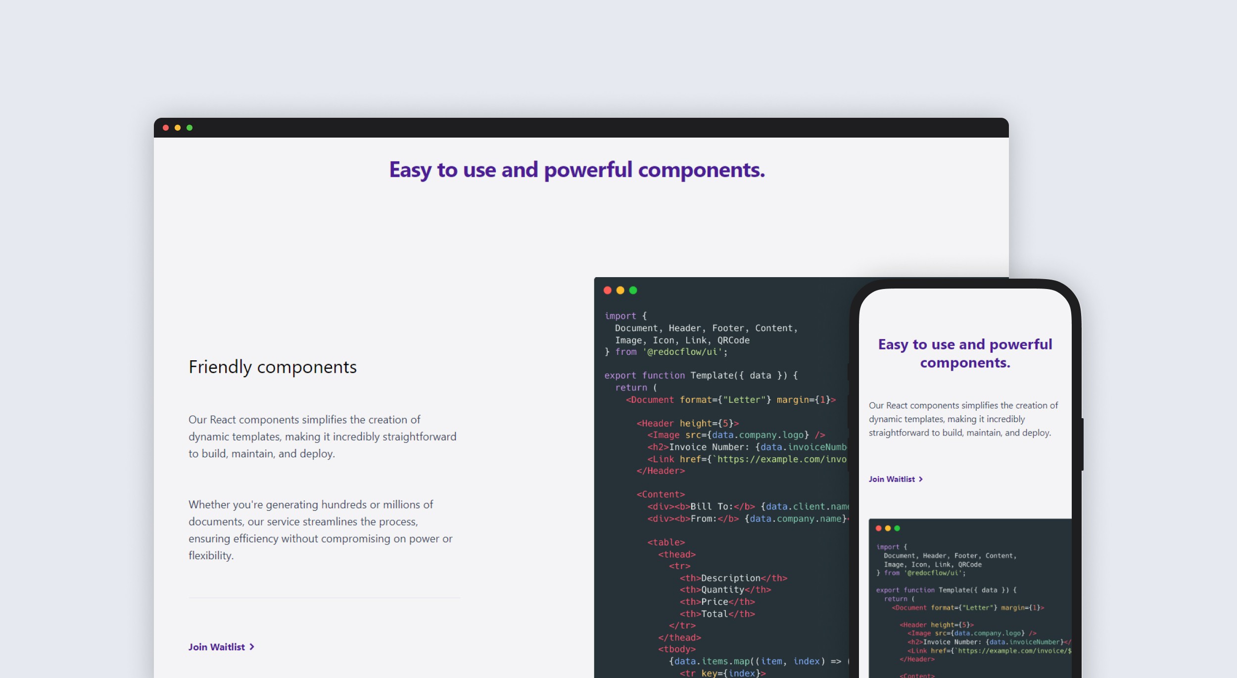 Desktop and mobile design image of a section from the official RedocFlow site.