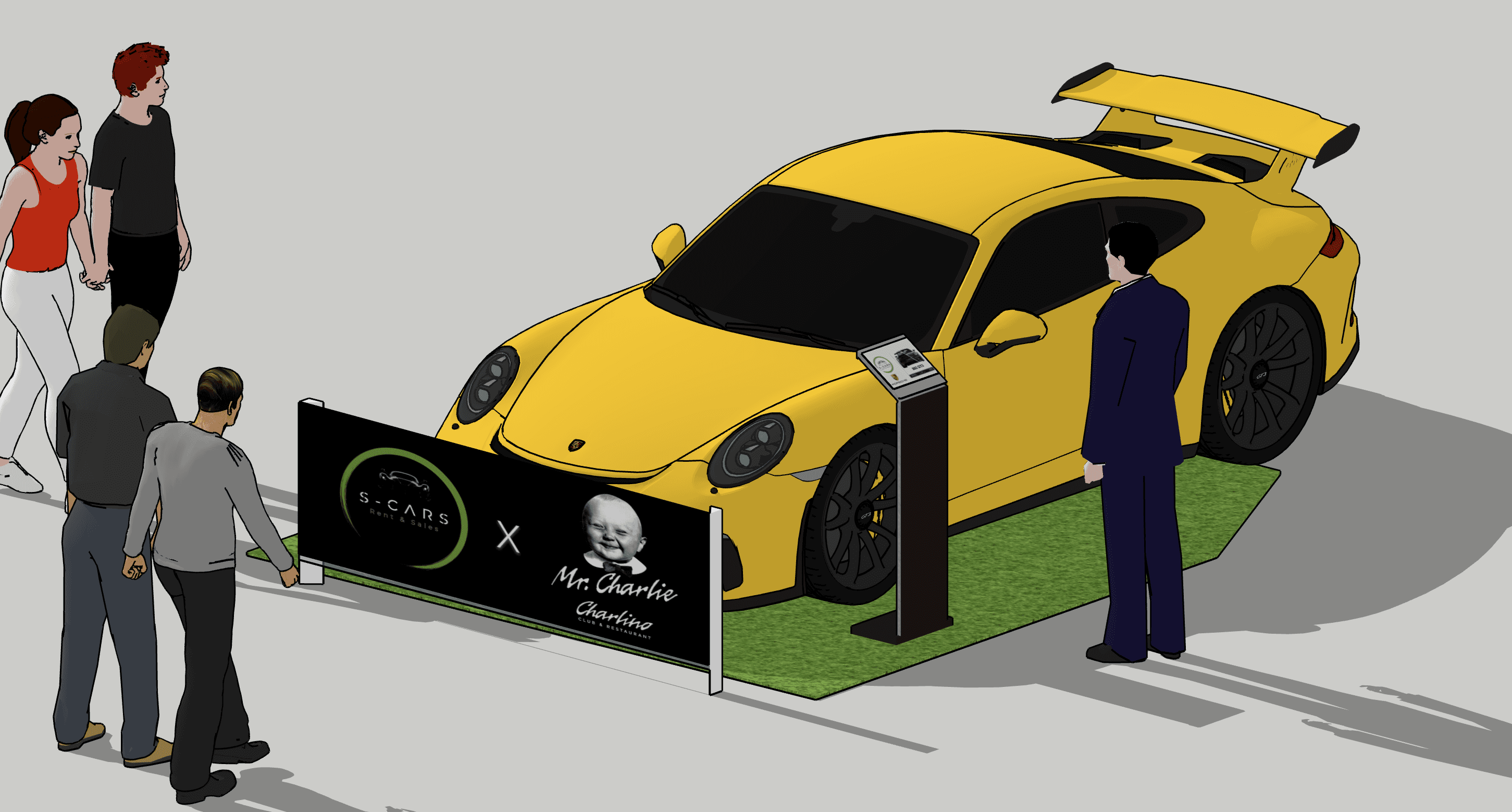 Render 3D dello stand S Cars e Mr. Charlie: una Porsche gialla su un prato verde, con il pannello dei due marchi