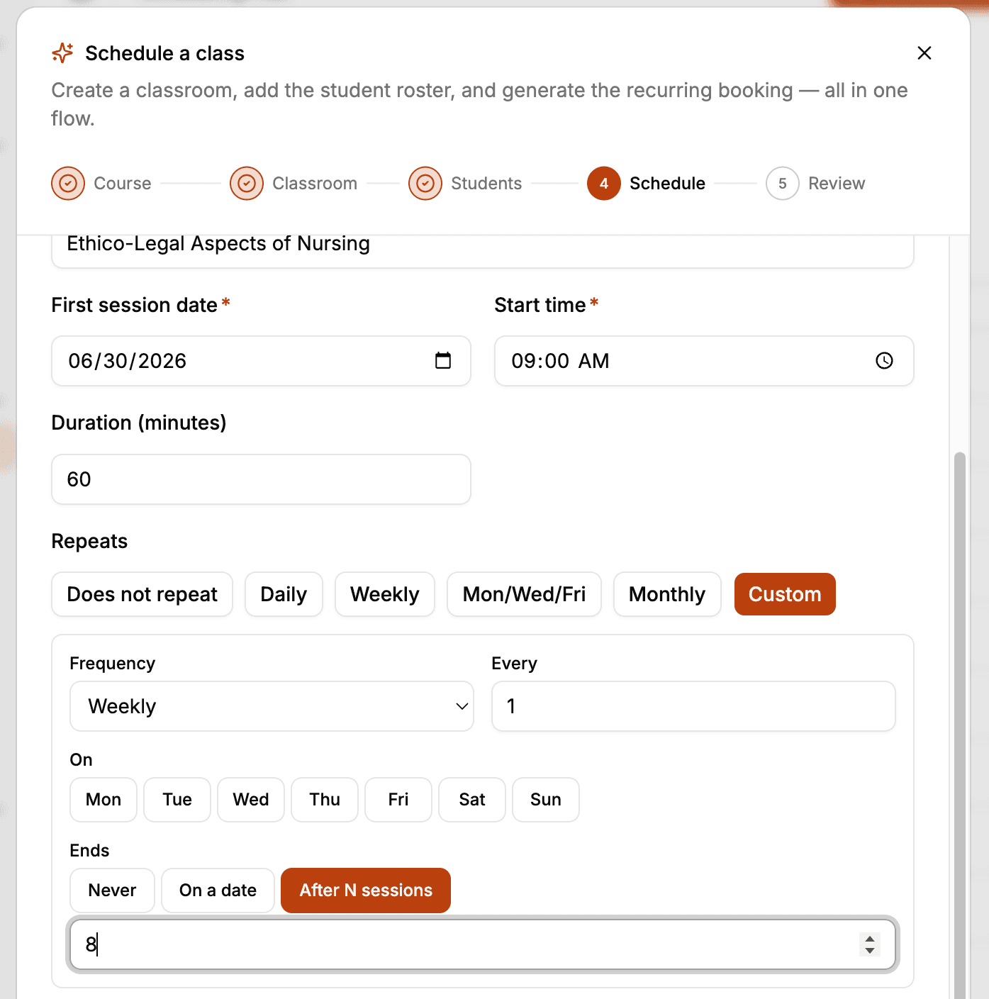 Number of classes to schedule selection dialog