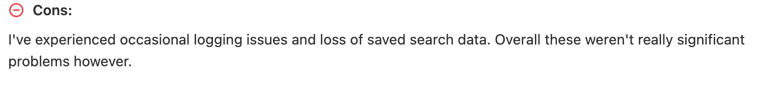 Cons review mentioning ZIK Analytics login glitches and data loss issues