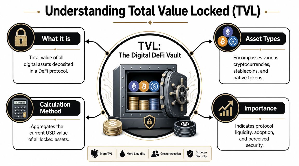 An infographic titled Understanding Total Value Locked explaining its definition, calculation, asset types, and importance in DeFi.