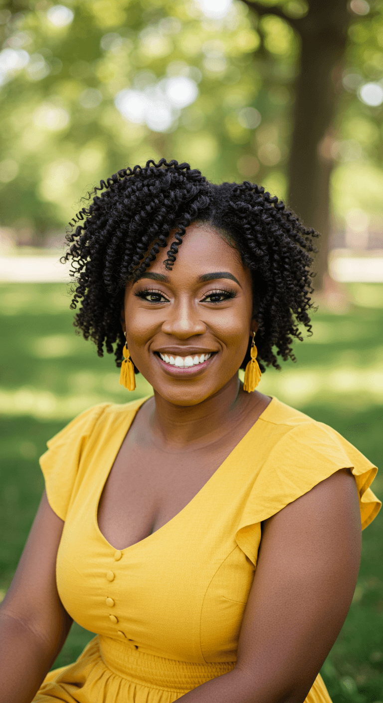 Smiling Black woman with curly hair, wearing a yellow dress and yellow tassel earrings in a sunny, green park.