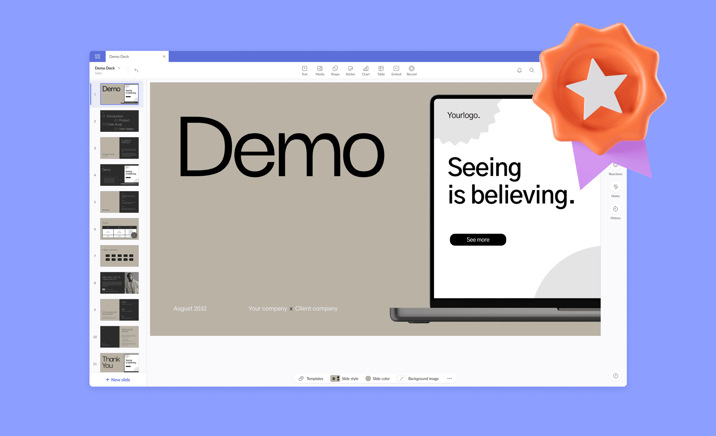 A screenshot of Pitch's editor, with a sales demo deck open.