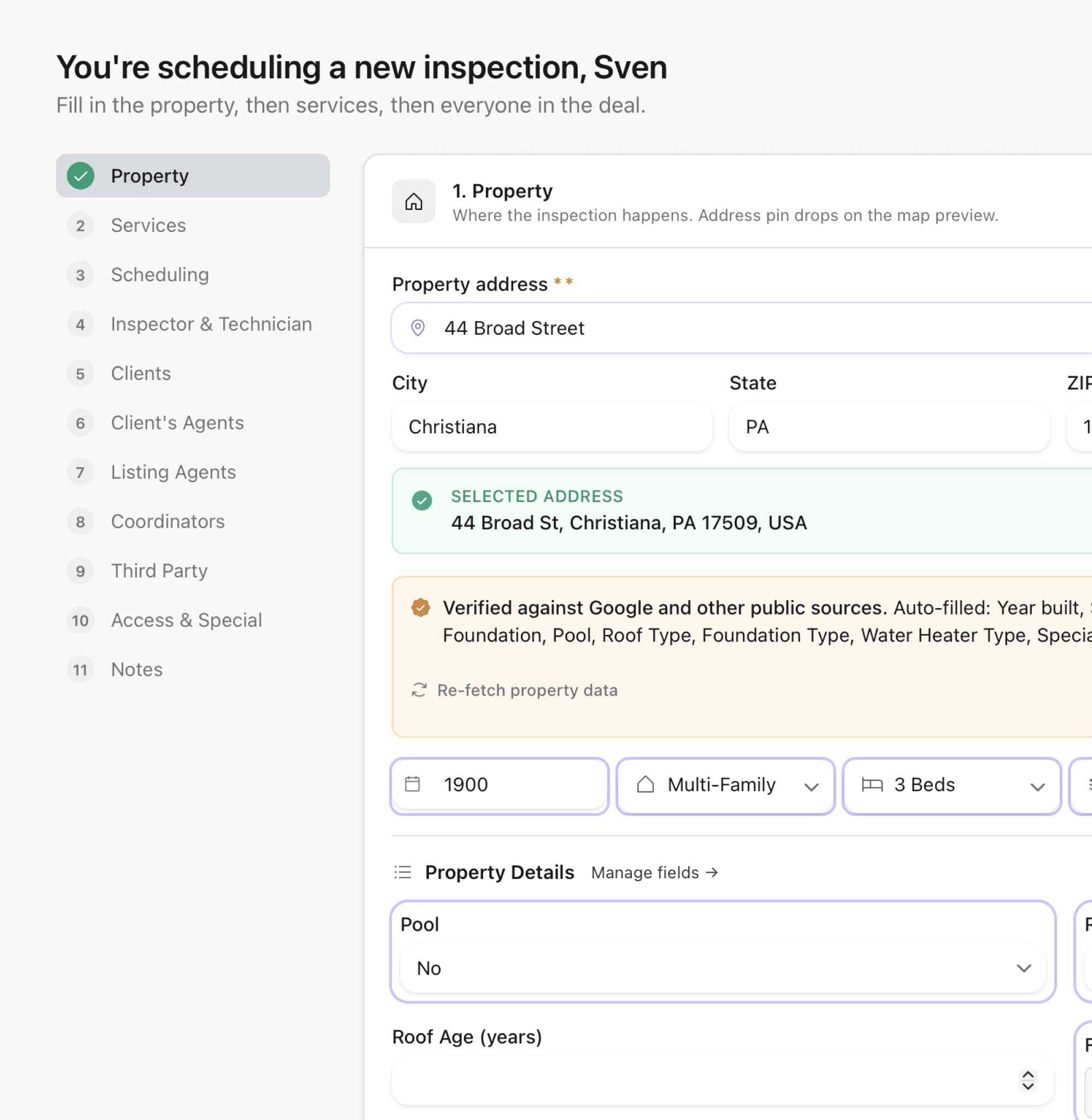 Scheduling a new inspection in AEYES, with the property address auto-filled and verified against public records