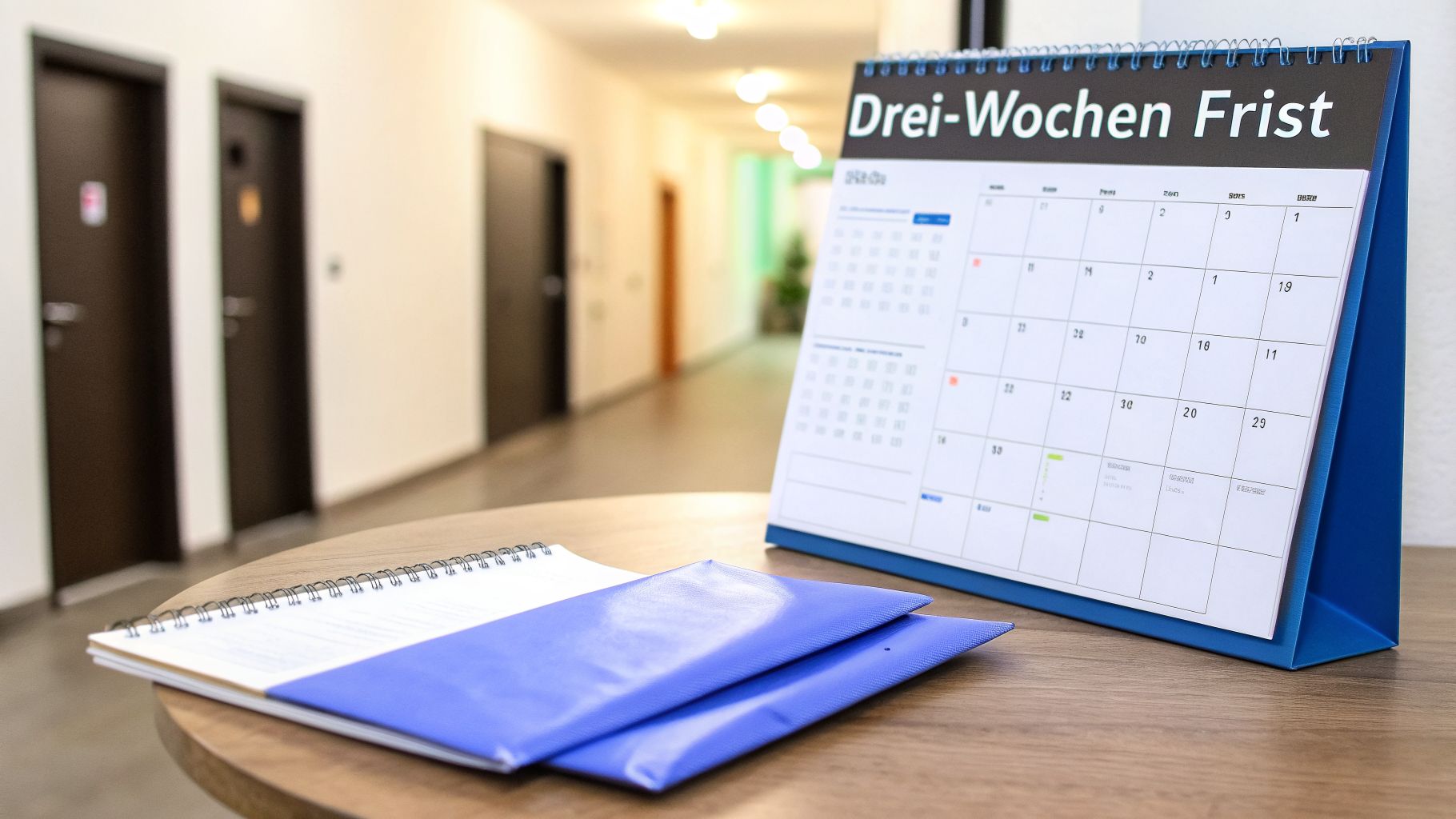 Ein Kalender mit 'Drei-Wochen Frist' und Dokumenten auf einem Holztisch in einem Flur.