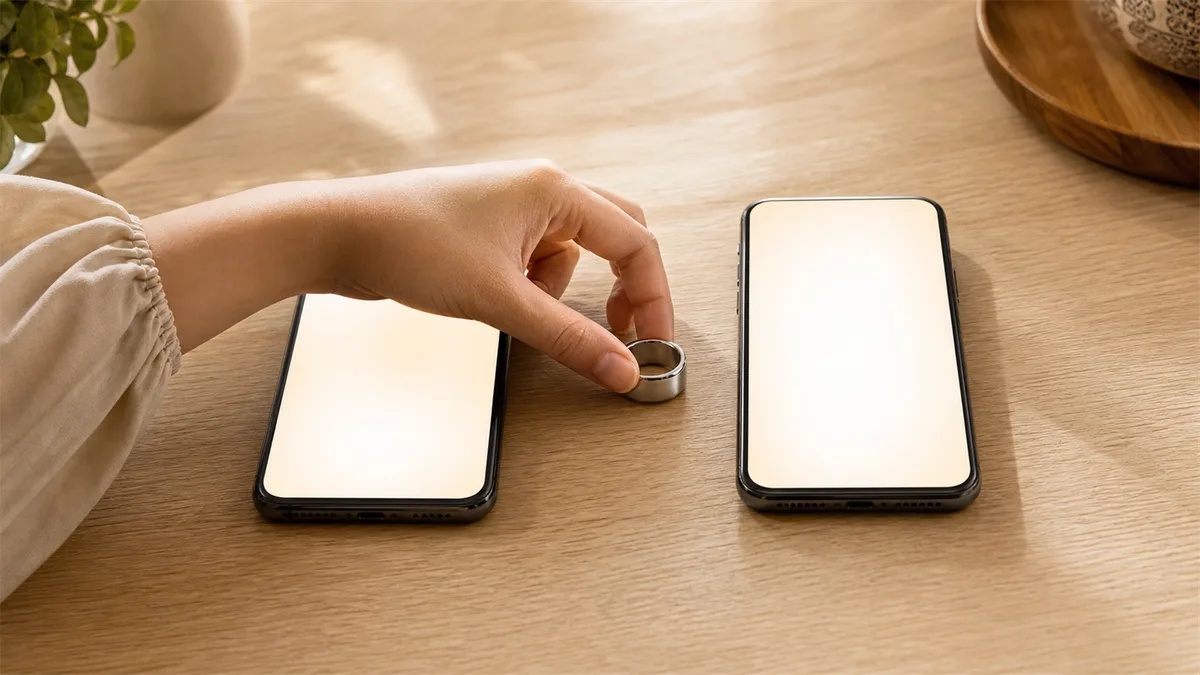 Woman moves silver smart tasbih ring between two blank glowing phones on a warm desk