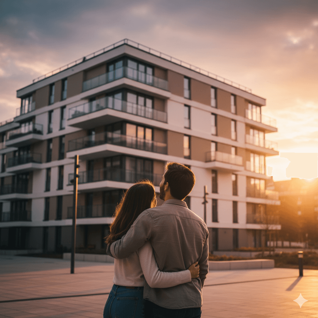 Junges Paar steht vor einer modernen Eigentumswohnung in Köln, die sie als Eigennutzer von AS Projekte erworben haben – Symbol für Lebensqualität, Sicherheit und nachhaltige Immobilieninvestition.