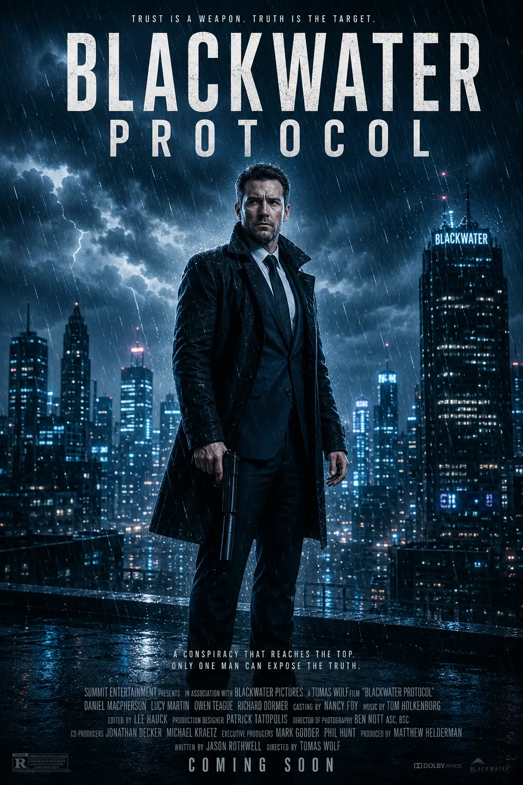 AI-generated cyber-thriller movie poster of a suited man standing in the rain before a neon-lit city skyline.