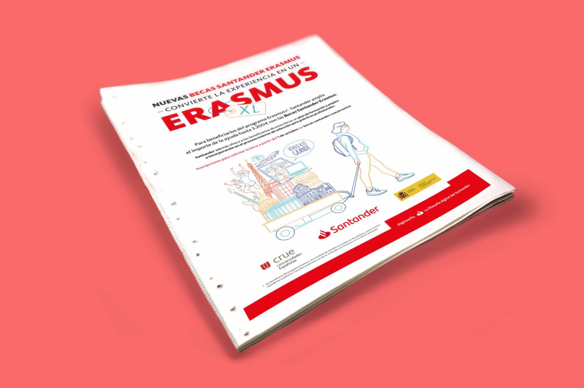 Folleto de Becas Santander Erasmus sobre experiencia internacional educativa.