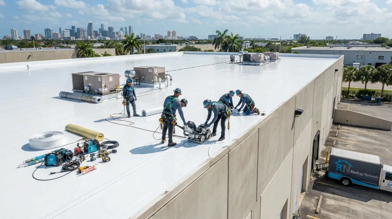Roofing Network crew installing a white TPO membrane roof on a commercial warehouse in Miami-Dade County