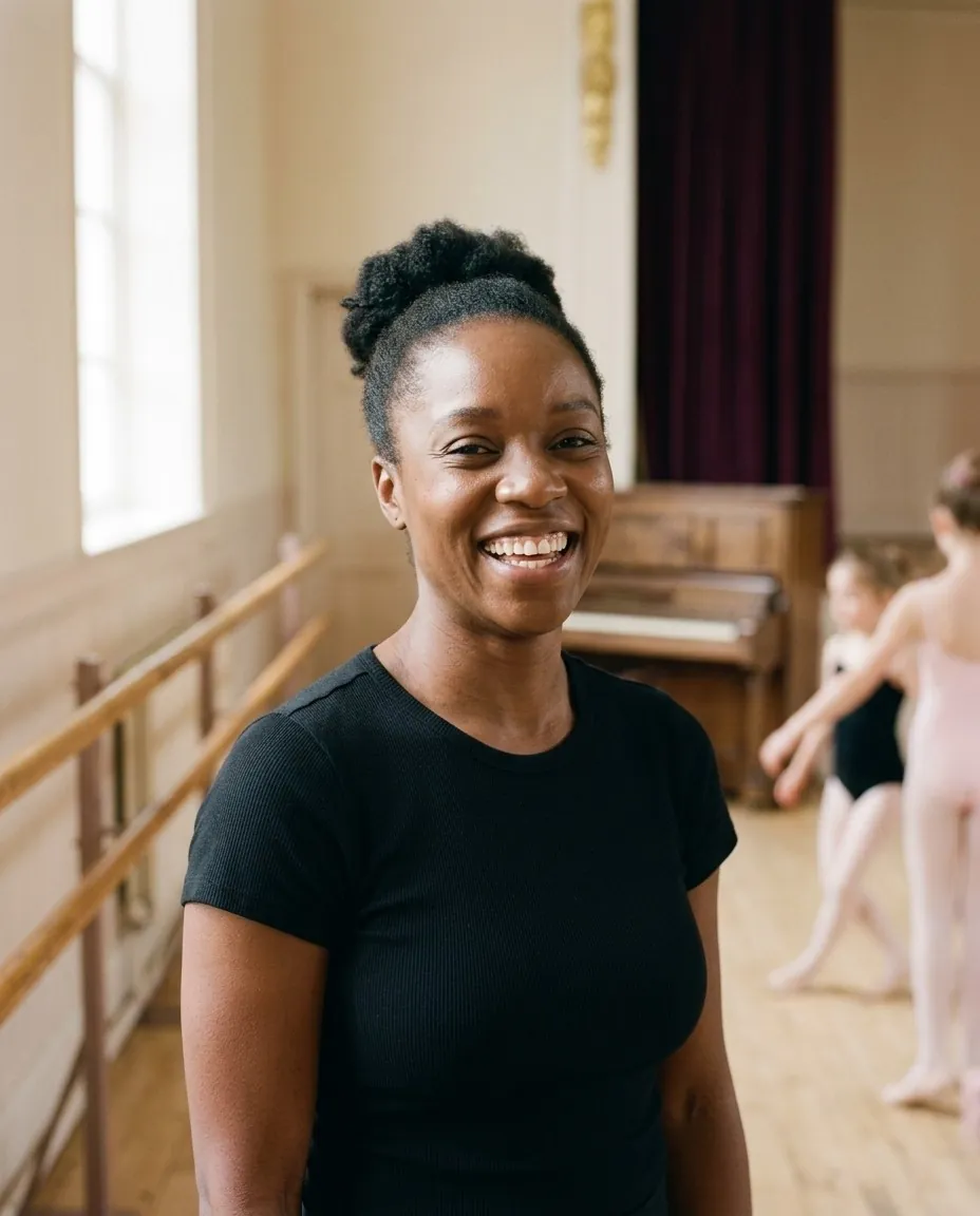 Leah Adeyemi, jazz and musical theatre teacher, laughing in the studio