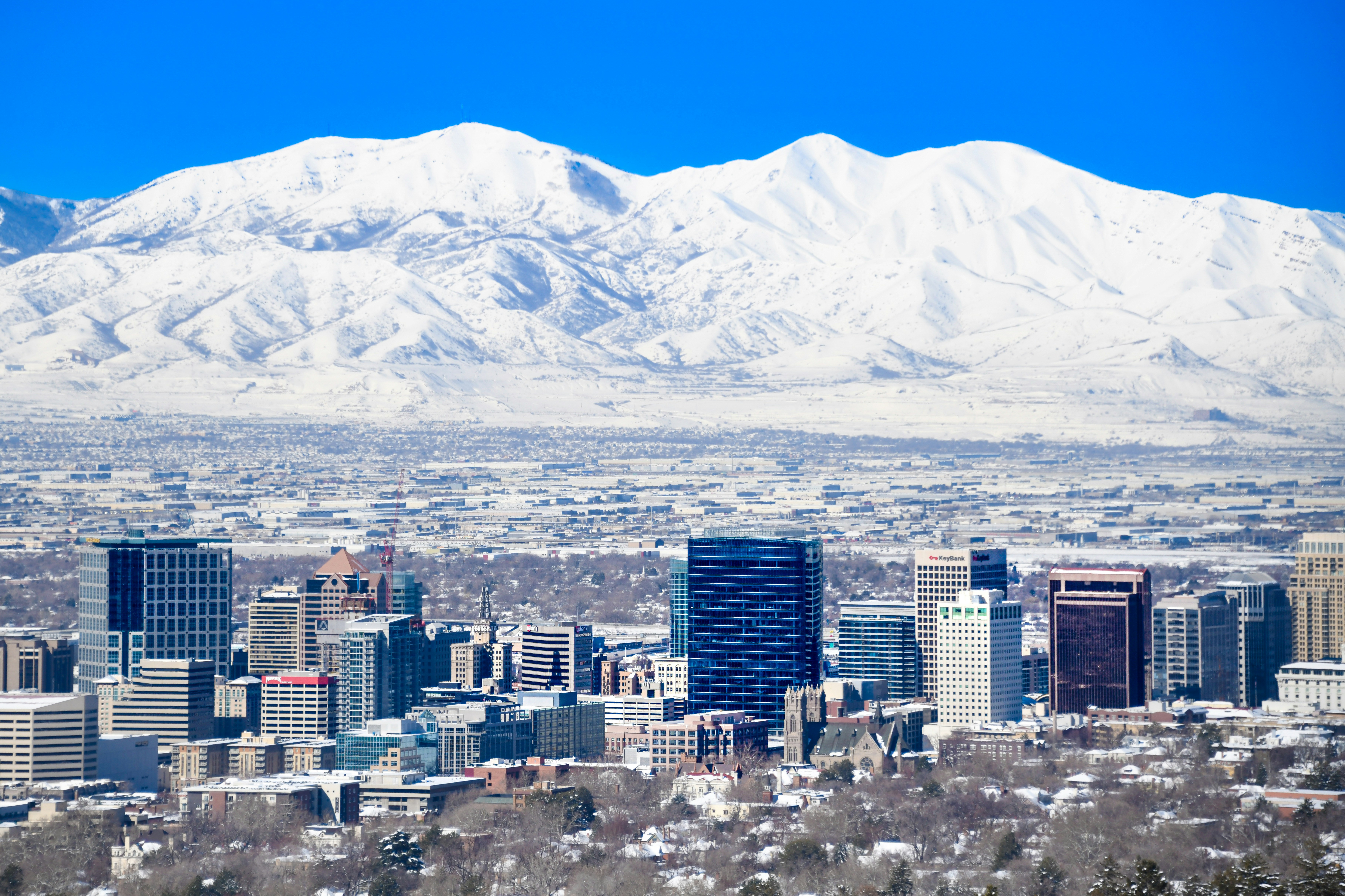 a view of a city with mountains in the background
