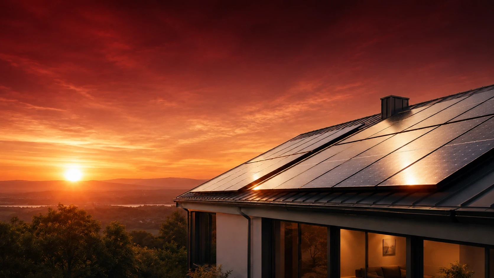 Suncem obasjani solarni paneli na krovu porodične kuće.