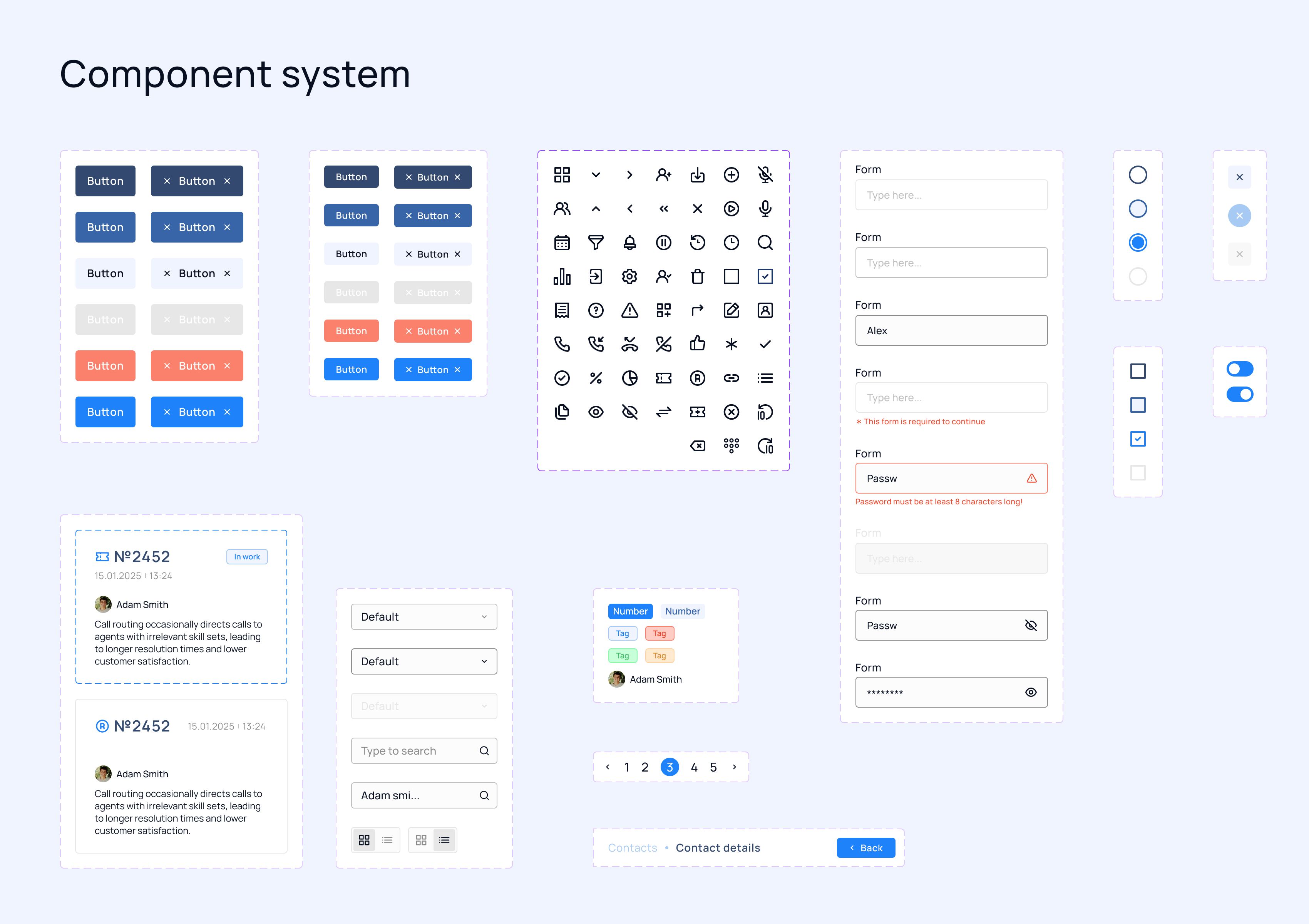 Set of G-link UI components including buttons, icons, forms, tags, pagination, cards, and input states.