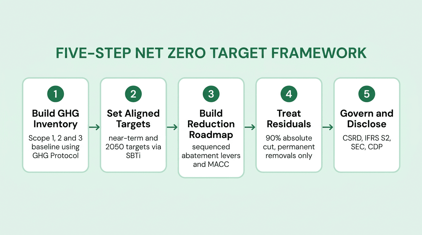 Five-step net zero target-setting framework moving from baseline GHG inventory through SBTi-aligned targets, Scope 1/2/3 reduction roadmap, residual neutralisation, to governance and disclosure.