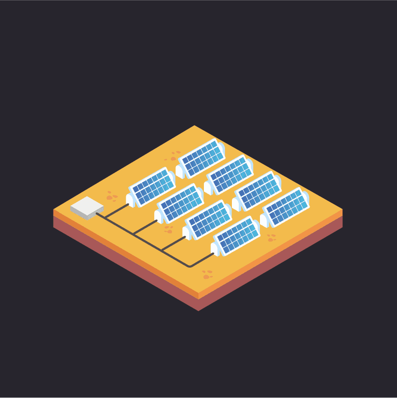 Isometric solar field illustration used in the ENERGIX interactive touchscreen experience.