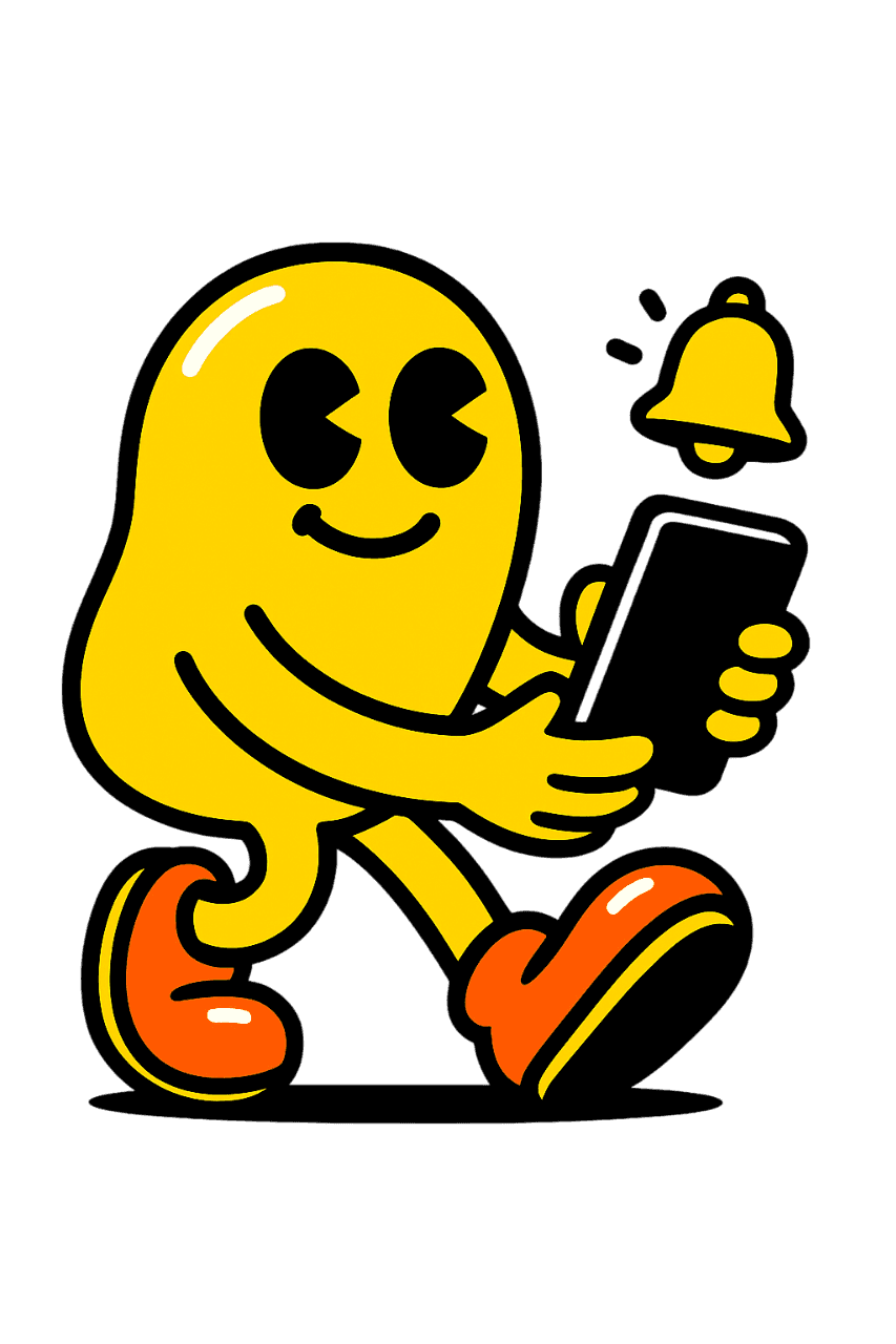 A smiling yellow cartoon character walks while holding a smartphone, with a ringing notification bell floating above it