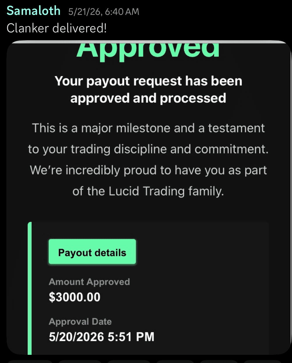 Lucid payout certificate for Samaloth