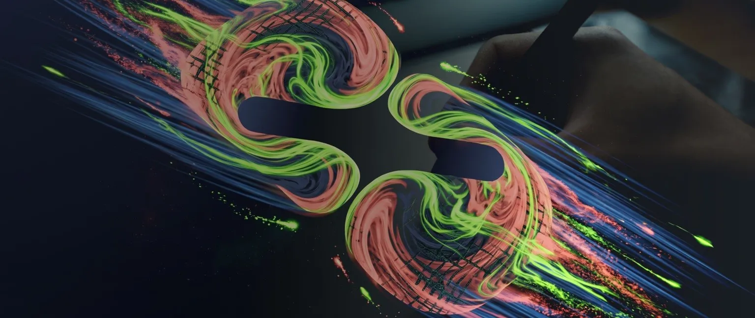 abstract 3D animation artwork featuring fluid green, coral, and blue motion trails
