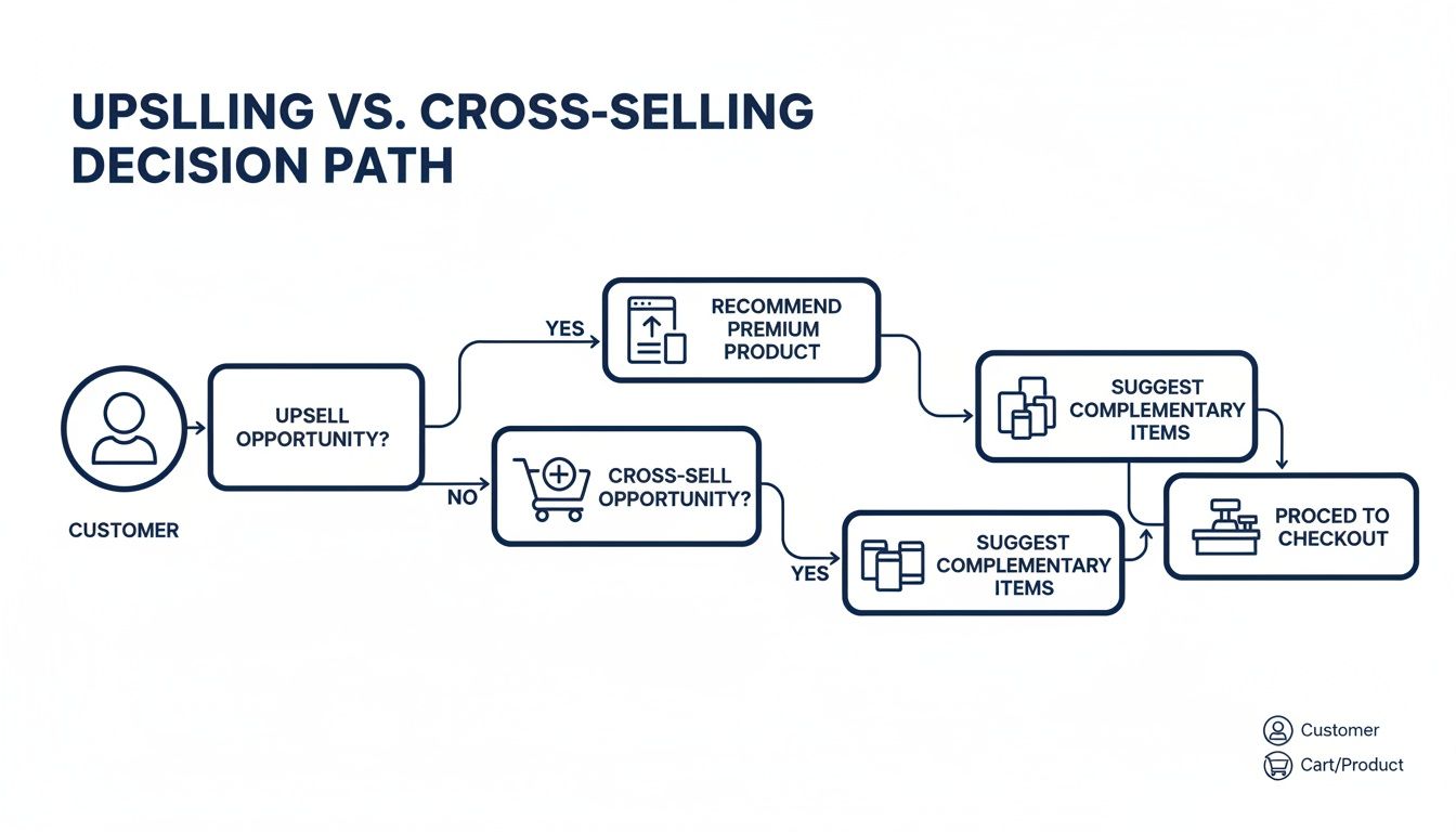 A flowchart illustrates the upsell versus cross-sell decision path for customers leading to checkout.