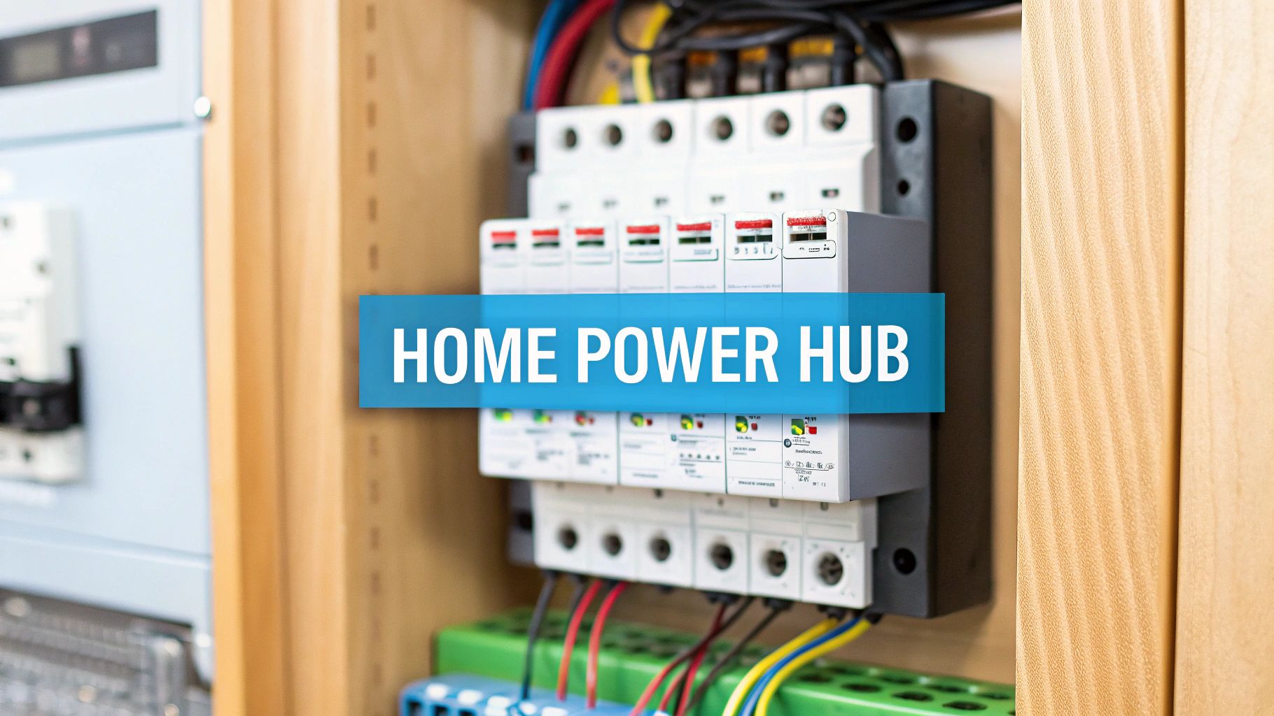 a close up of an electrical box and a blue bar displaying 'home power hub'