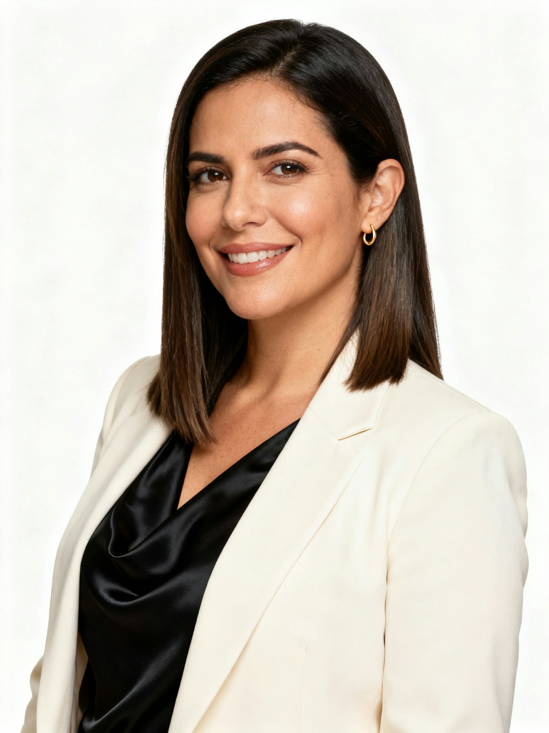 Professional portrait of a woman in a white blazer and black top, smiling warmly against a plain white background.