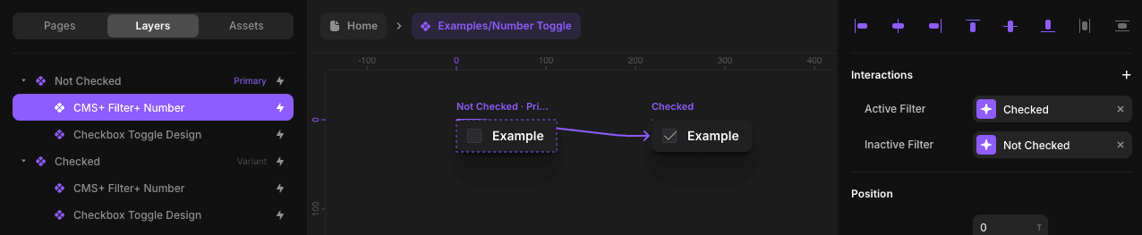 Toggle example showing the unique interaction set for CMS+ Filter+ Number component.