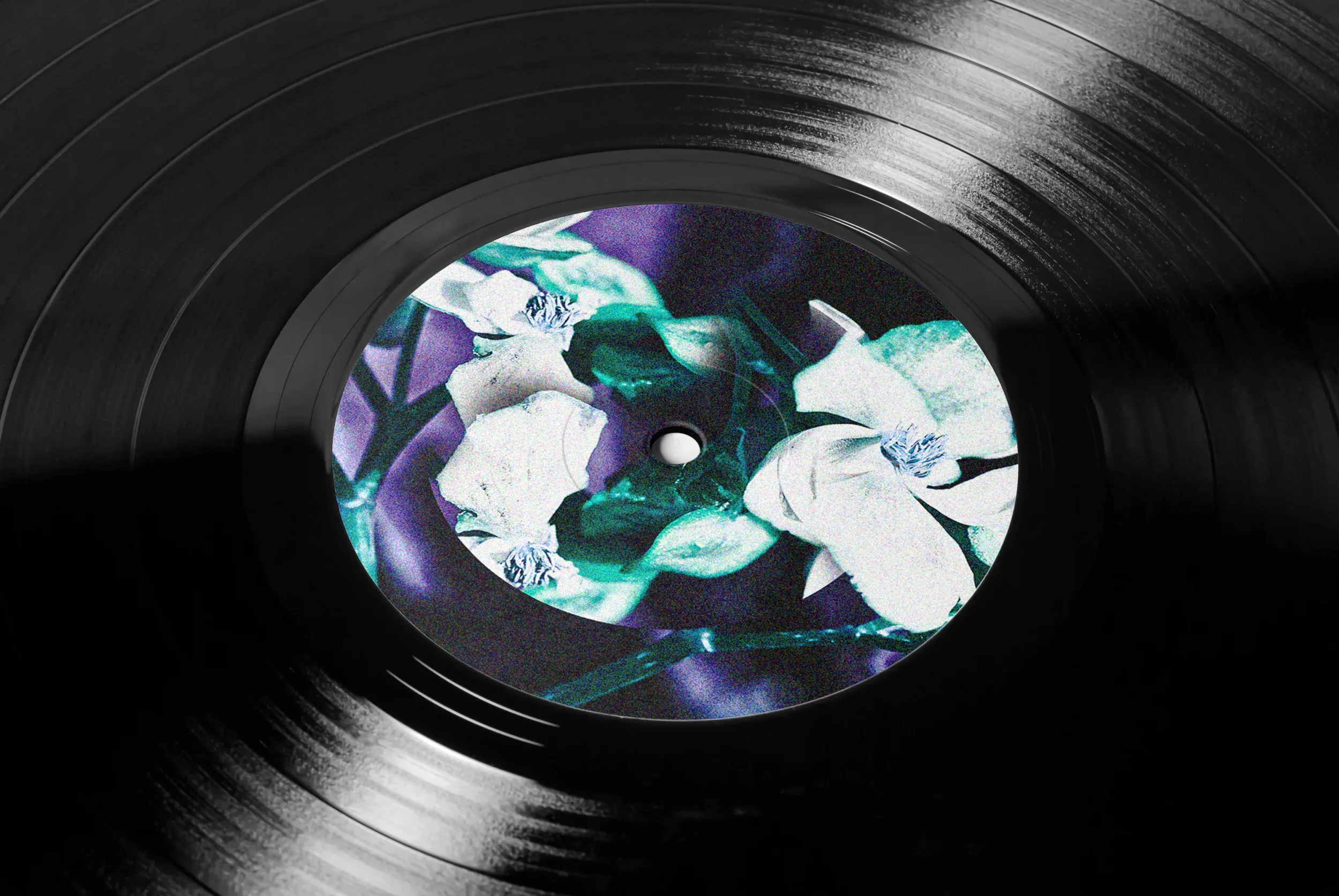 Illustration psychédelique rose au centre d'un vinyle