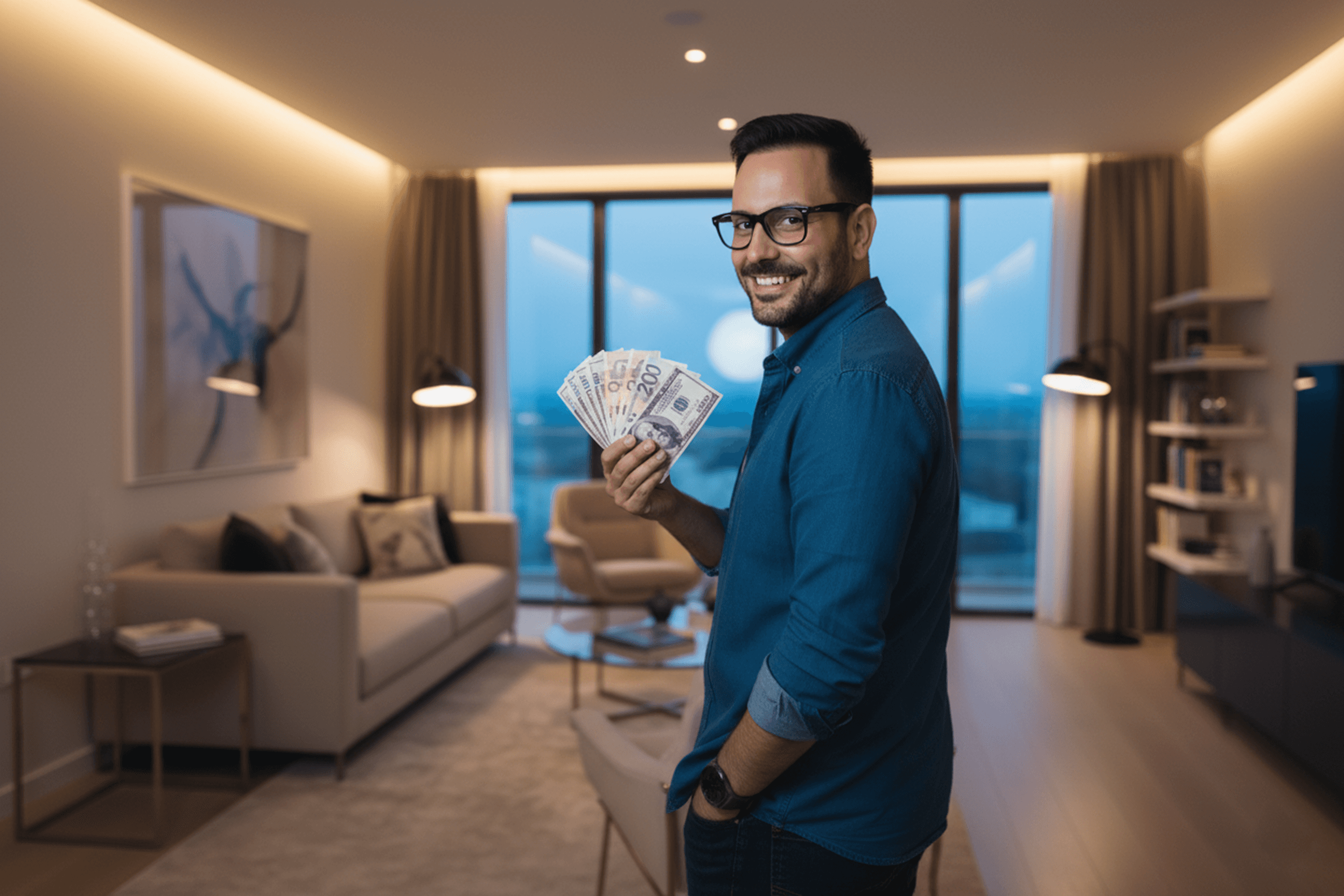 Smiling man sitting at a table with a laptop, phone, and coffee mug, engaged in a video call or online meeting.