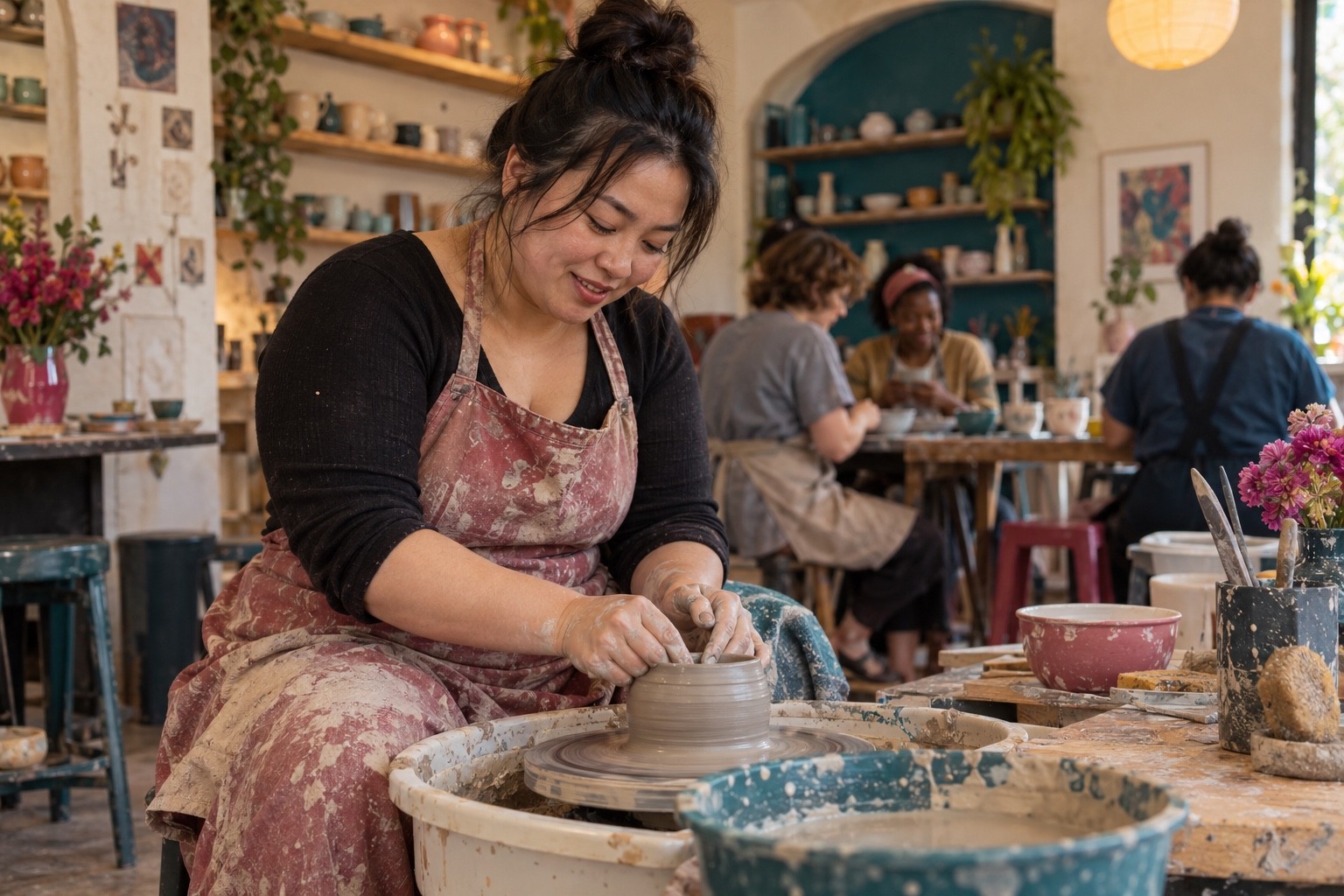 A woman shapes a clay vessel at a pottery wheel in a studio.
