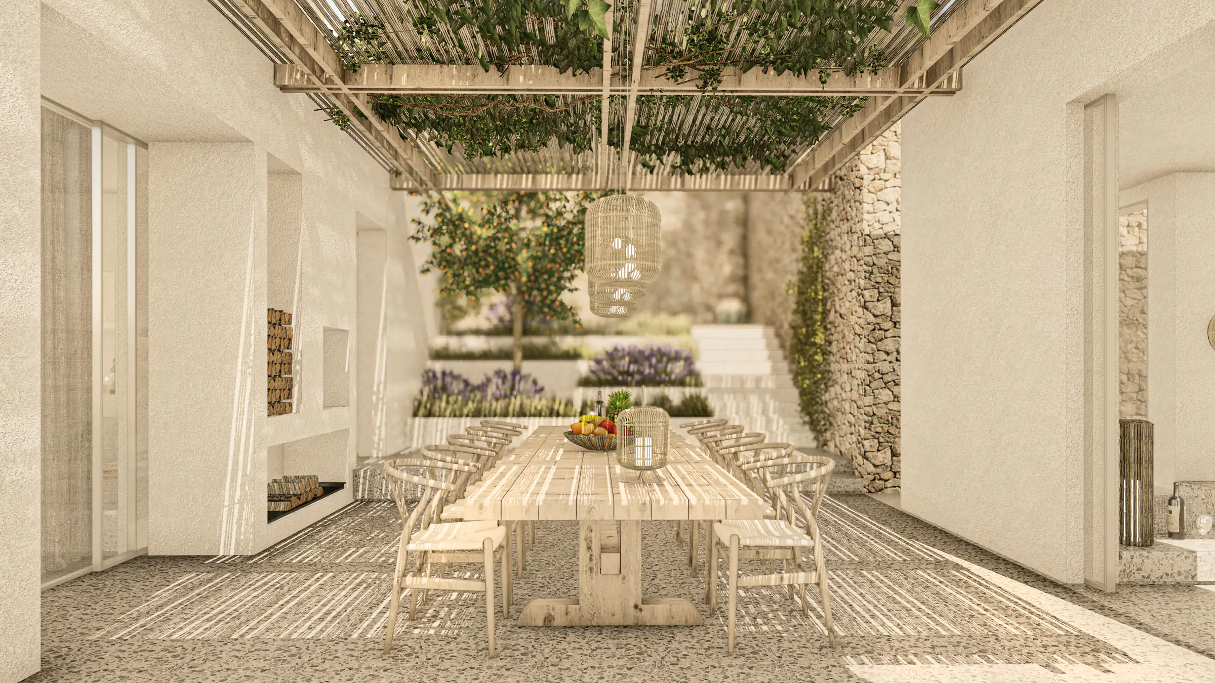 Sarmaşıklı pergola altında açık yemek alanı ve hasır sarkıt lambalar
