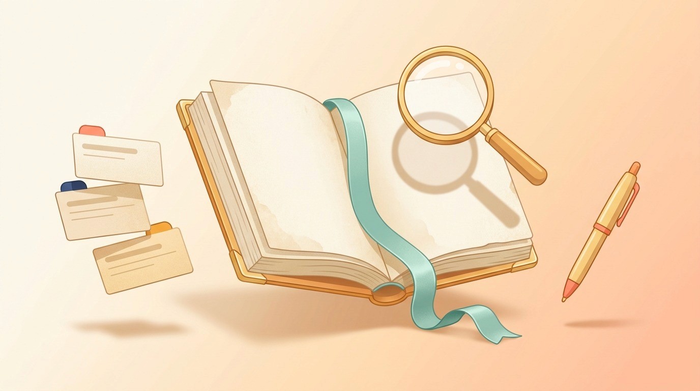 Editorial illustration of an open evidence book with a magnifying glass and floating claim cards representing the MLR review pharma evidence chain.