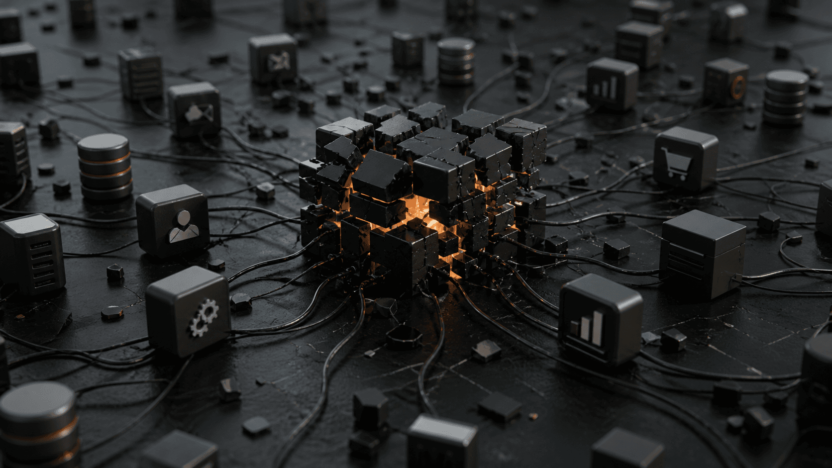 Ilustração 3D realista em formato amplo (16:9) de um núcleo central fragmentado, formado por blocos escuros quebrados com luz interna alaranjada, conectado por diversos cabos a vários módulos e ícones tecnológicos espalhados ao redor. Os elementos estão desorganizados e desconectados entre si, sobre uma superfície escura com aparência industrial, sugerindo sistemas isolados, falta de integração e dados dispersos.